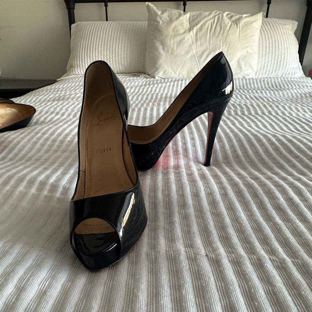 Christian Louboutin Black Patent Peep-Toe Heels